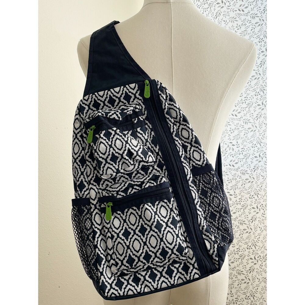 Thirty-One Sling Backpack Navy White Geometric Crossbody Travel Organizer Bag